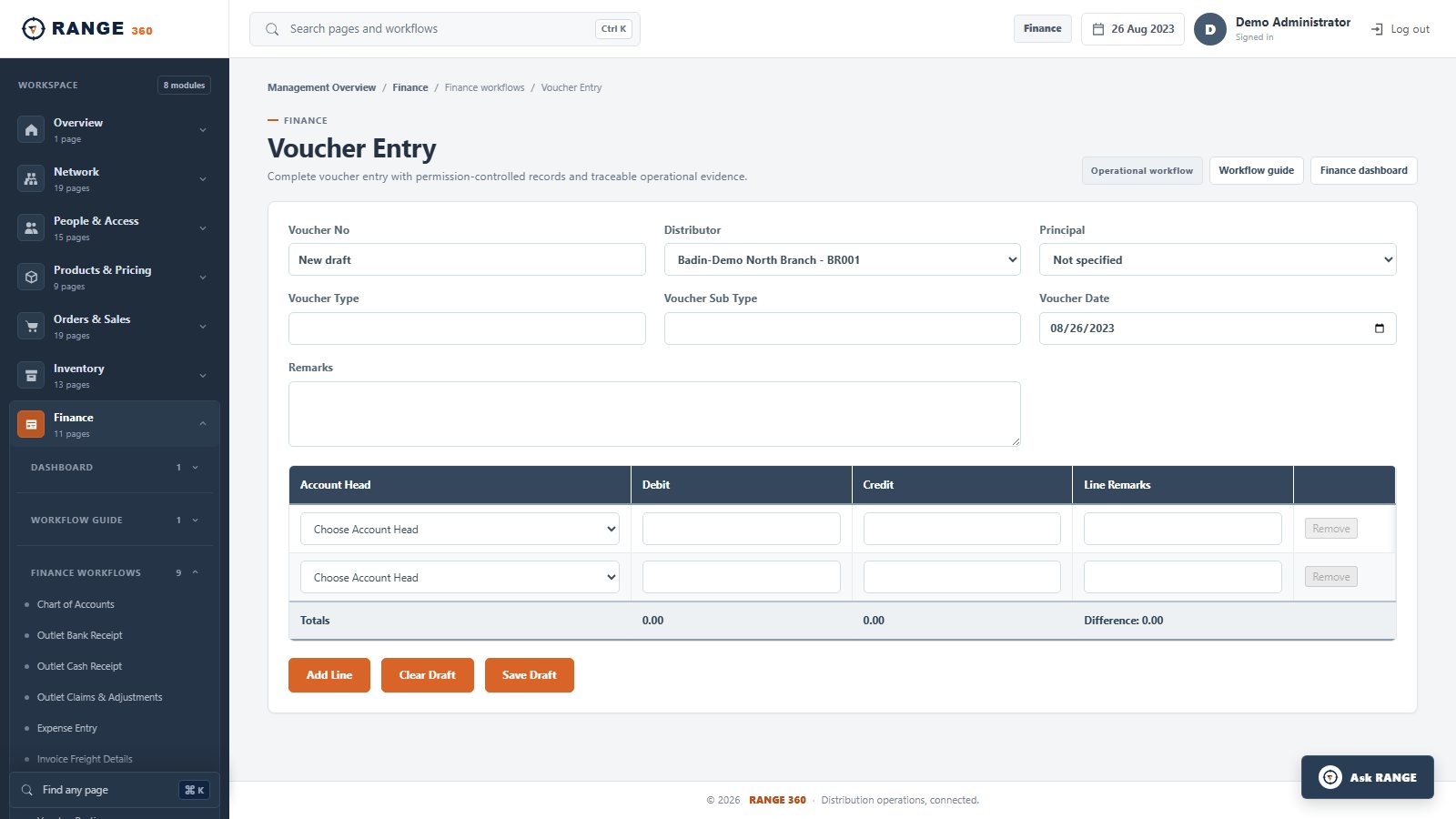 RANGE 360 Voucher Entry screen with balanced debit and credit lines