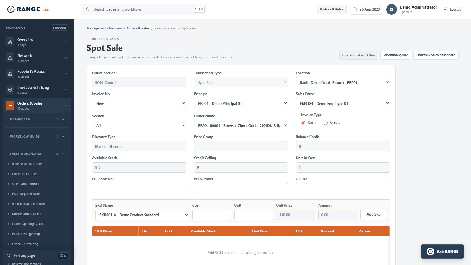 RANGE 360 Spot Sale screen with outlet, salesperson, product, price and stock context